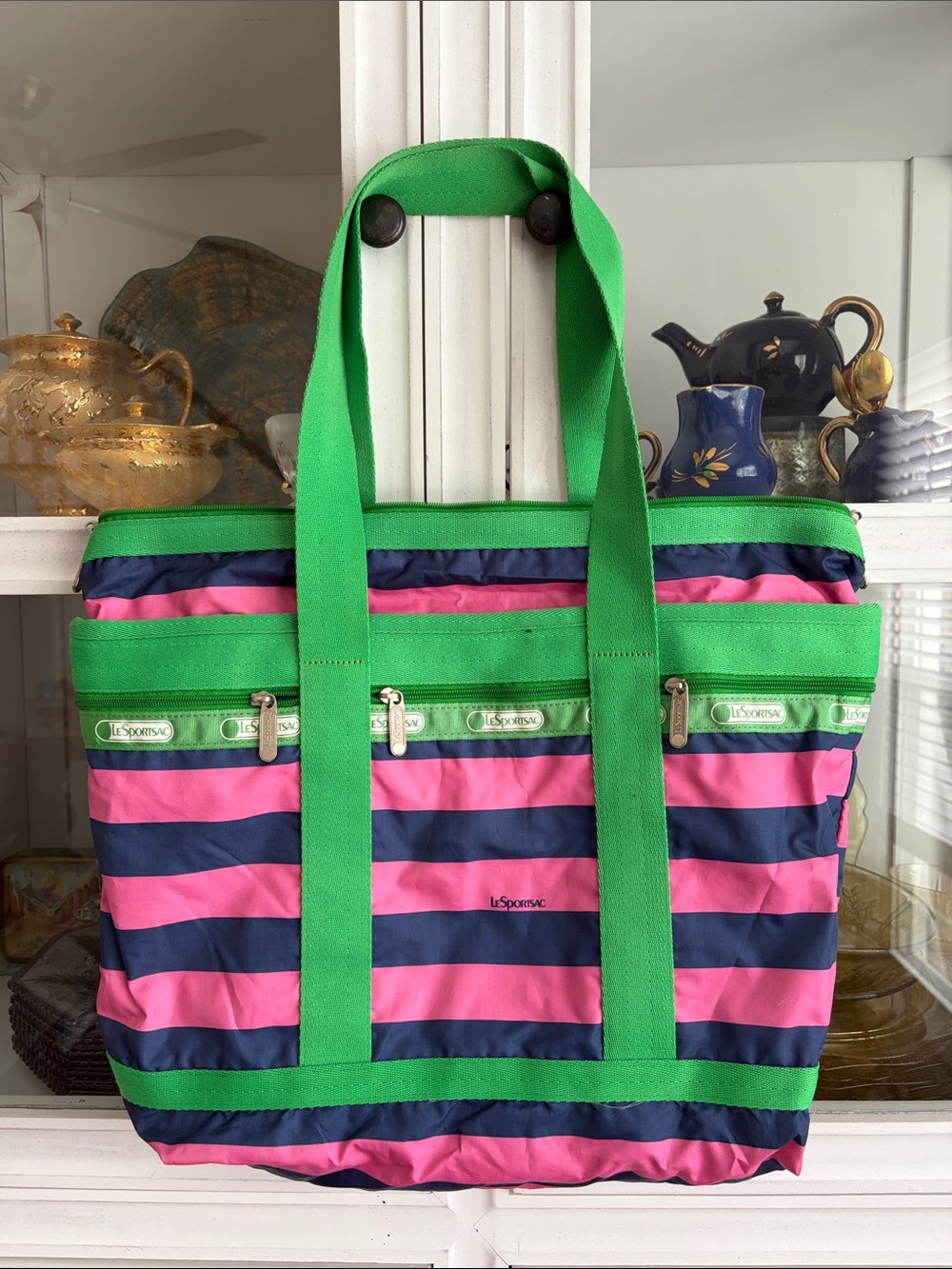 LeSportsac Green Pink Navy Striped Tote